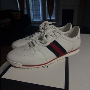 Gucci White Leather Sneakers with Red & Blue Stripe